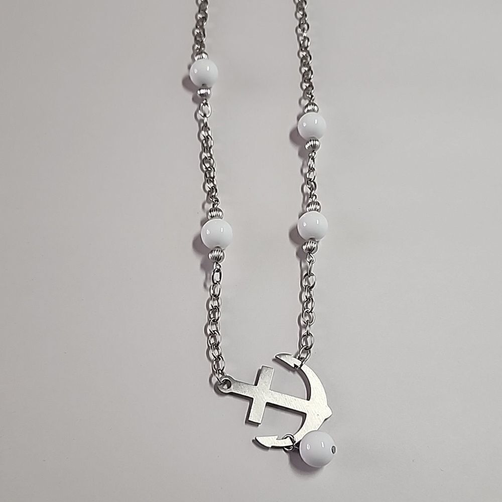 Anchor Necklace with White Round Beads Silver Tone Chain and Pendant - Picture 4 of 4
